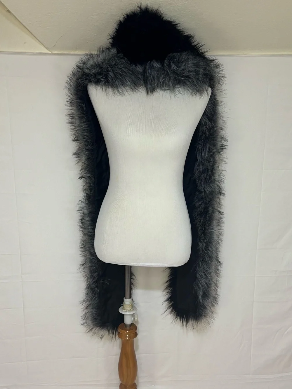 Plush Faux Fur Hooded Scarf Wrap in Black and Gray